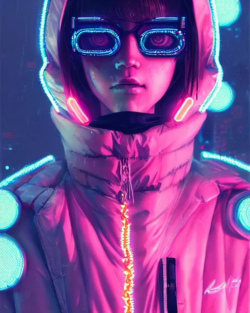 Image similar to detailed portrait Neon Operator Girl, cyberpunk futuristic neon, reflective puffy coat, decorated with traditional Japanese ornaments by Ismail inceoglu dragan bibin hans thoma greg rutkowski Alexandros Pyromallis Nekro Rene Maritte Illustrated, Perfect face, fine details, realistic shaded, fine-face, pretty face