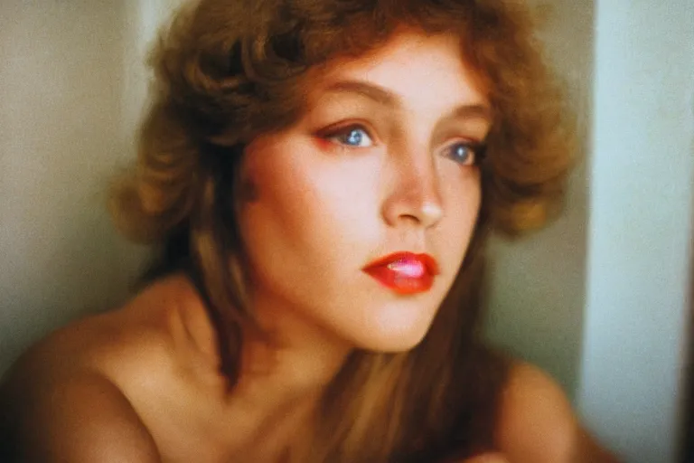 Prompt: 7 0 s street photography, close - up portrait, light shining on model in living room interior, soft light, no focus