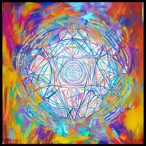 Prompt: elysium mothership retribution sacred geometry canvas carefully structured abstract expressionism painting overdue for being hung on a wall in a modern magical museum world painting on canvas by Eeee Aaa (2041)