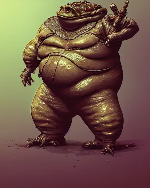Prompt: a morbidly obese slimy anthropomorphic toad king wearing ornate cyberpunk armor, smooth, intricate, elegant, digital painting, artstation, steam, grungy steel, concept art, sharp focus, octane render, illustration, art by josan gonzalez,