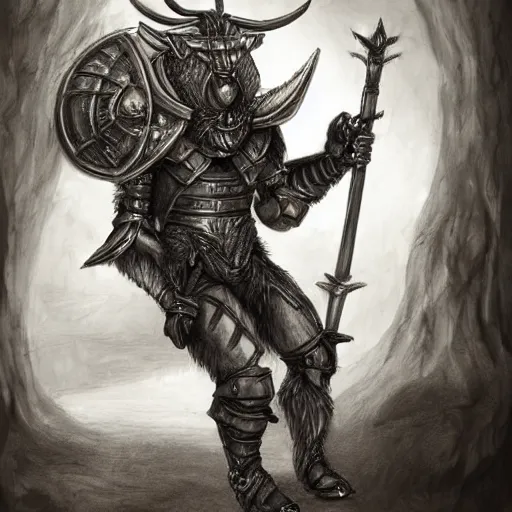 Image similar to detailed fantasy drawing, black furred Minotaur carrying a battle-ax in half plate armor, concept art