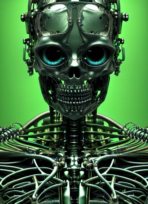 Image similar to a photorealistic detailed close up portrait of a cybernetic, bionic, metal skeleton, black and green only, intricate, elegant, highly detailed, digital painting, artstation, concept art, smooth, sharp focus, illustration, art by hana yata, artem demura, alphonse mucha, octane render, unreal engine, 8 k