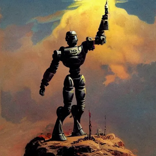 Prompt: a robot soldier standing on a hill, painted by frank frazetta