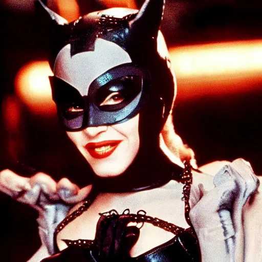 Image similar to A still of Madonna as Catwoman from Batman Returns. Extremely detailed. Beautiful. 4K. Award winning.