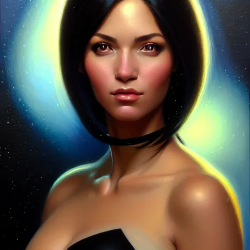 Image similar to a portrait of a very beautiful woman in a spacesuit, Alexandria\'s genesis, shoulder-length black hair, bored, illustration, soft lighting, soft details, painting oil on canvas by mark arian by artgerm, trending on artstation, 4k, 8k, HD