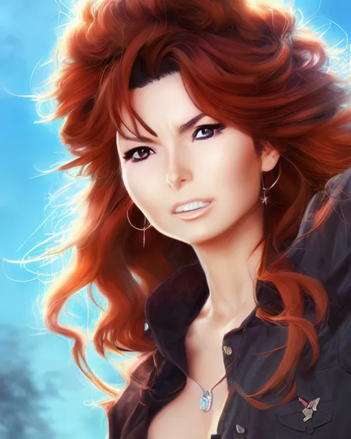 Image similar to anime portrait of Shania Twain by Stanley Artgerm Lau, WLOP, Rossdraws, James Jean, Andrei Riabovitchev, Marc Simonetti, and Sakimichan, trending on artstation