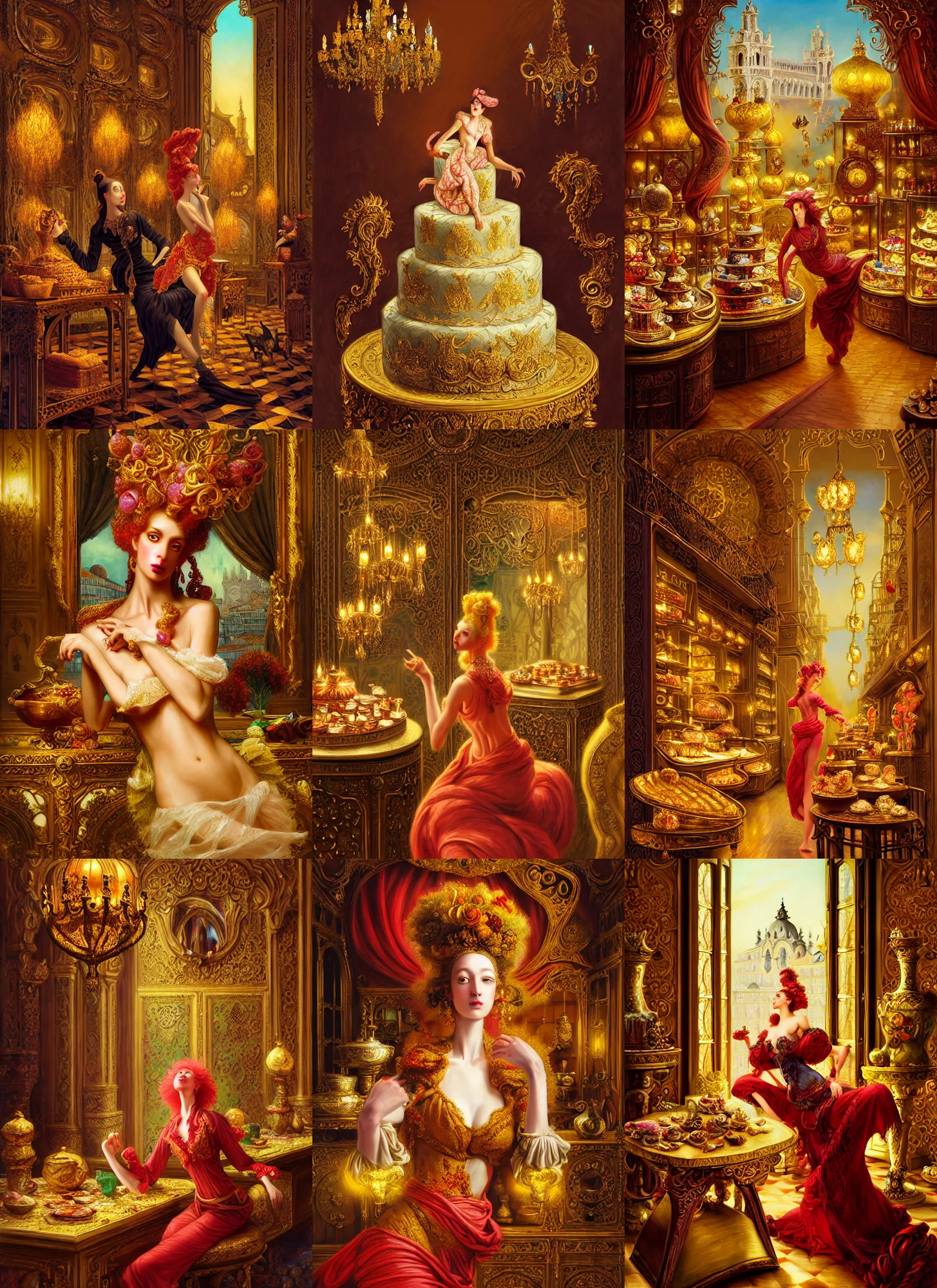 Image similar to Neo Rococo Expressionist, orientalism, diffuse lighting, fantasy, intricate, elegant, highly detailed, lifelike, photorealistic, digital painting, artstation, illustration, concept art, smooth, sharp focus, The City of Lisbon in a luxurious lavish cake shop, art by John Collier and Albert Aublet and Krenz Cushart and Artem Demura and Alphonse Mucha