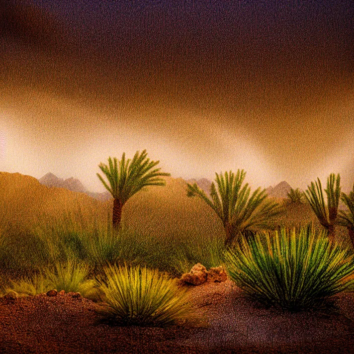 Image similar to hyper realistic, high detail photo of desert oasis monsoon, beautiful, bright lighting