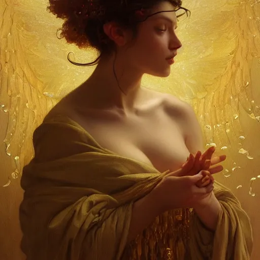 Image similar to highly detailed oil painting | very intricate | cinematic lighting | award - winning | the beautiful angel of the sun wearing a flowing toga | by roberto ferri, by tom bagshaw, by j. c. leyendecker and klimt, beautiful cinematic light, american romanticism, by austin osman spare, artstation, cgsociety, official art, octane