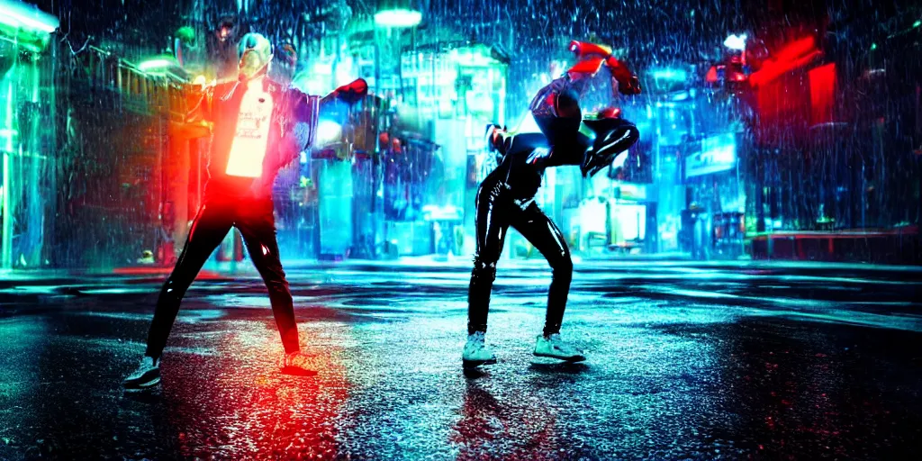 Prompt: cinematic camera wide angle of slow motion film still of futuristic break dancer wearing latex with neon lights, long exposure shot , at night in the middle of a rainy and foggy street, paddle of water, water splashes, rim lights, glossy reflections, water droplets on lens, octane render, detailed and soft, by laurie greasley