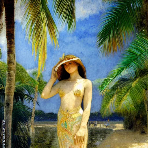 Image similar to a ultradetailed beautiful painting of a girl in the amazonas palace designed by jules bastien - lepage, hans belmer, frank weston and gustave baumann, beach, trending on artstation, mediterranean, palm trees, light sparkles, sharp focus, soft light, 8 k 4 k