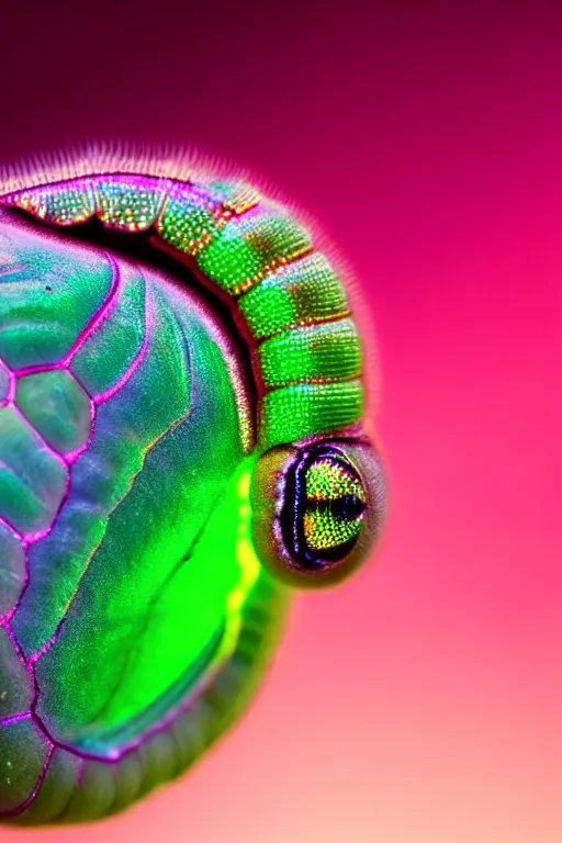 Image similar to high quality macro photo iridescent cyborg caterpillar! cute highly detailed david ligare elson peter cinematic pink lighting high quality low angle hd 8k sharp shallow depth of field