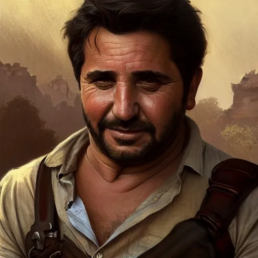 Prompt: Danny DeVito as Nathan Drake, western, D&D, fantasy, intricate, elegant, highly detailed, digital painting, artstation, concept art, matte, sharp focus, illustration, art by Artgerm and Greg Rutkowski and Alphonse Mucha