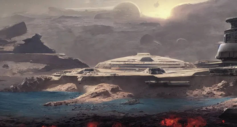 Image similar to the imperial base from Star Wars: Rogue One on Scarif placed on a volcanic planet concept art by Doug Chiang, cinematic,