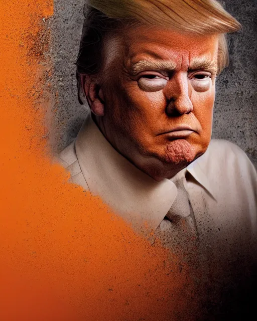 Image similar to a head and shoulders portrait of Donald trump wearing a orange jumpsuit, sitting on the floor of a filthy rat infested concrete jail, dimly lit, volumetric lighting, in jail by craig mullins and Annie Leibowitz, octane, 8k,