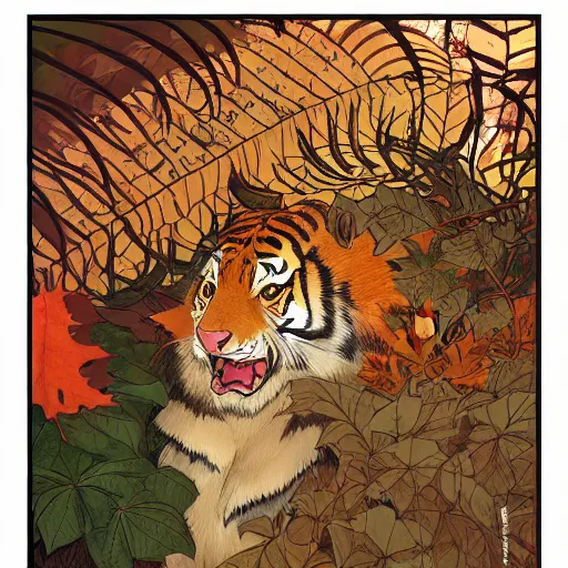 Prompt: a highly detailed portrait of cartoon tiger, sweating and flapping fan, autumn leaves on the ground, concise lines, ultradetailed environment, sharp focus, cinematic lighting, by alphonse maria mucha and kim jung gi
