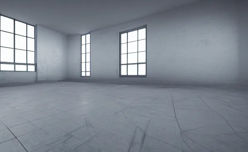 Prompt: empty room, big open floor, large random with colourful 3 d objects, unreal engine and v - ray render.