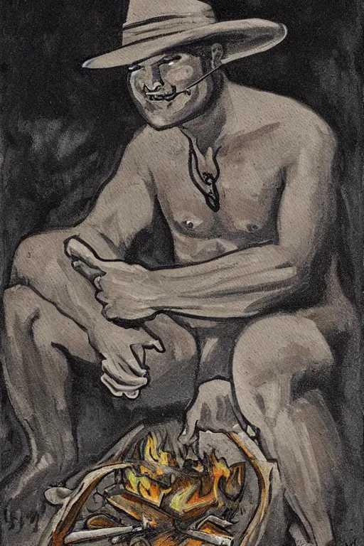 Prompt: a dark ethereal painting: a handsome! chubby shirtless man wearing a cowboy hat and a bandana around his neck sits behind a campfire at night. in front of the campfire is an assortment of food and beverages. the man is smirking mischievously. tarot card, art deco, art nouveau. in the style of Mark Maggiori. trending on artstation.