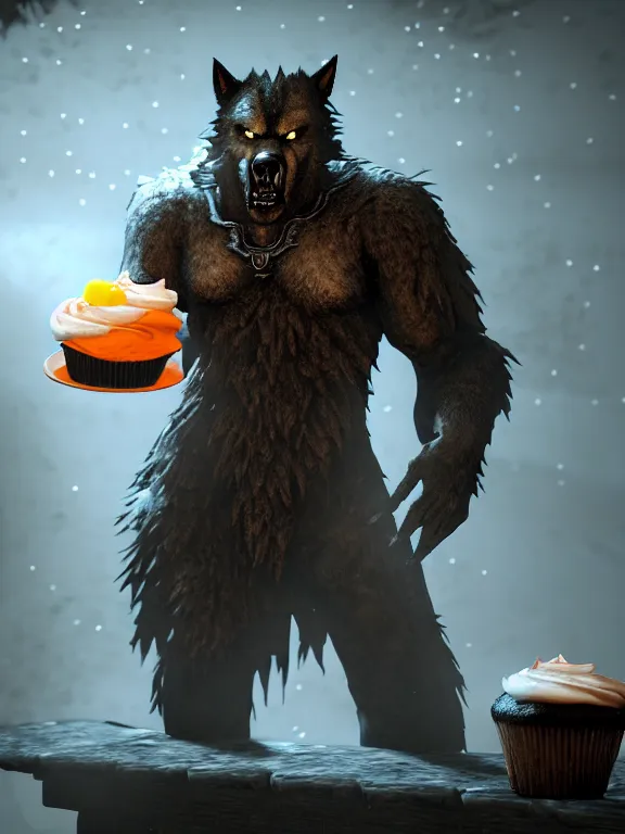 Prompt: cute handsome cuddly burly surly relaxed calm timid werewolf from van helsing holding a delicious cupcake with orange frosting sitting down at the breakfast table in the kitchen of a normal suburban home unreal engine hyperreallistic render 8k character concept art masterpiece screenshot from the video game the Elder Scrolls V: Skyrim