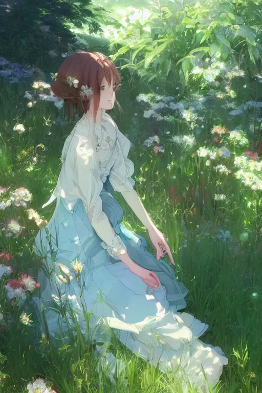 Image similar to a depressed digital art, loli in dress, garden, green and warm theme, blue accents, back lighting, highly detailed, 4 k resolution, trending on art station, by krenz cushart and mucha and akihito yoshida and greg rutkowski and makoto shinkai