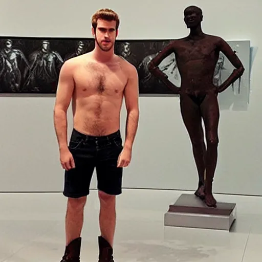 Image similar to “a realistic detailed photo of a guy who is an attractive humanoid who is half robot and half humanoid, who is a male android, actor Liam Hemsworth, shiny skin, posing like a statue, blank stare, at the museum, on display”