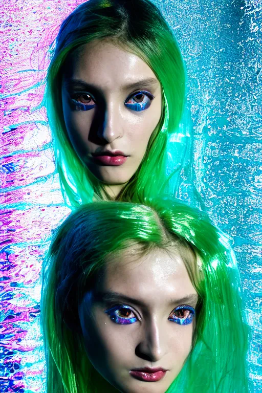 Prompt: Beautiful Sergey Piskunov seinen manga Fashion photography portrait of feminine ballet dancer half submerged in heavy nighttime paris floods, water to waste, wearing a translucent refracting rainbow diffusion wet plastic zaha hadid designed specular highlights raincoat, épaule devant pose;blue hair;oversized green anime eyes by wlop;petite; by Nabbteeri, épaule devant pose, ultra realistic, Kodak , 4K, 75mm lens, three point perspective, chiaroscuro, highly detailed, by moma, by Nabbteeri