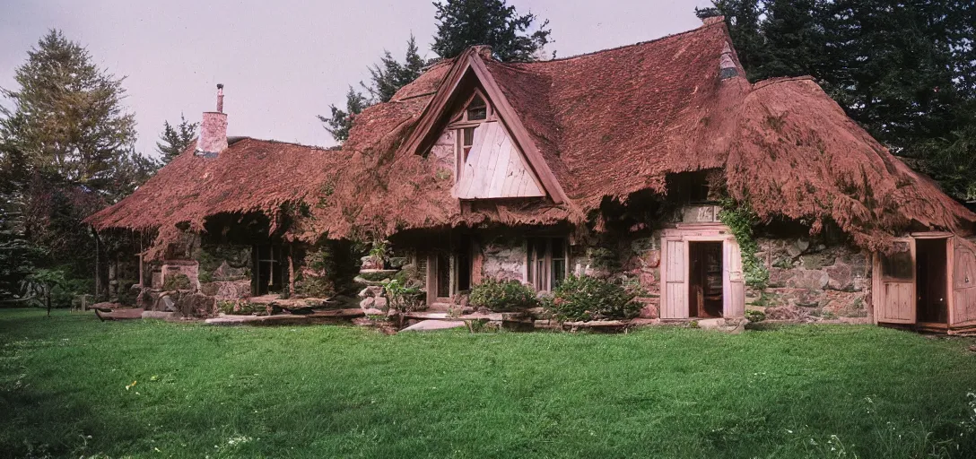 Image similar to house in carpathian vernacular style. outdoor landscaping designed by frederick law olmsted. fujinon premista 1 9 - 4 5 mm t 2. 9. portra 8 0 0.