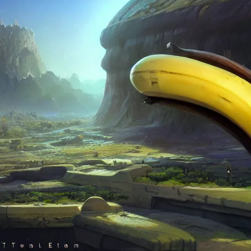 Image similar to a planet in the shape of a banana, illustration by tyler edlin and greg rutkowski, detailed, sharp, masterpiece, highly detailed, photorealistic, octane render, 8 k, unreal engine 5, trending on artstation