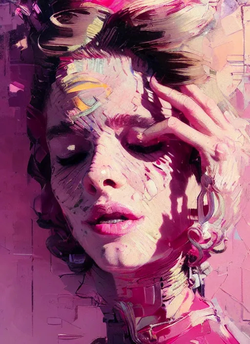 Image similar to portrait of a beautiful girl, smiling, ecstatic, eyes closed, open mouth, shades of pink, beautiful face, rule of thirds, intricate outfit, spotlight, by greg rutkowski, by jeremy mann, by francoise nielly, by van gogh, digital painting