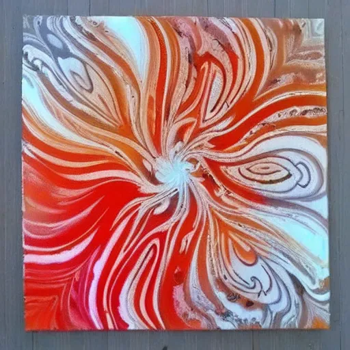 Image similar to pour paint art, marbling, orange and red color scheme, floral style