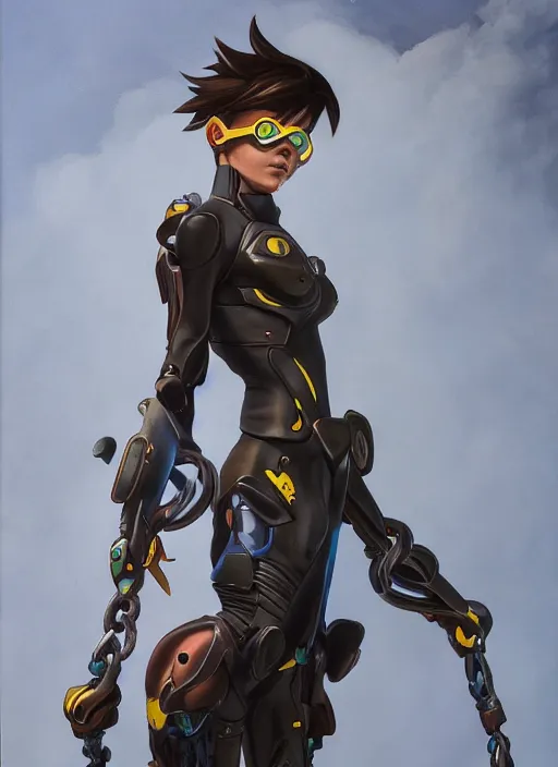 Image similar to full figure, painting of tracer from overwatch, in style of zdzisław beksinski, horror, 4 k, feminine facial features, full armor, full armor, detailed face, tall, dark ropes and chains in background