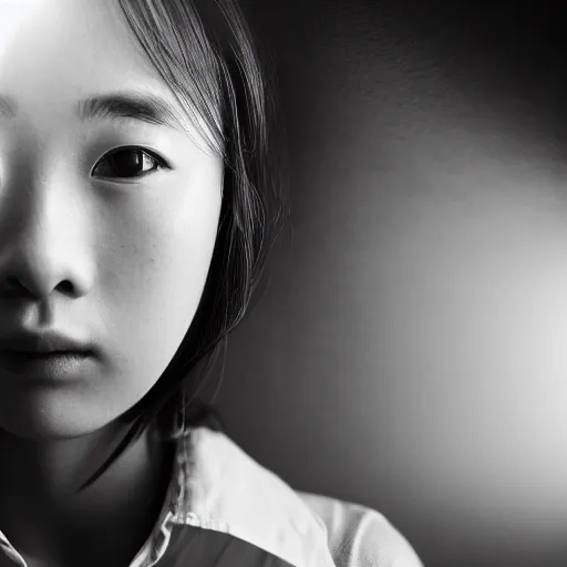 Image similar to stunning beautiful portrait photography of a face detailing cute Japanese high school girl from national geographic magazine award winning, dramatic lighting, taken with Sony alpha 9, sigma art lens, medium-shot