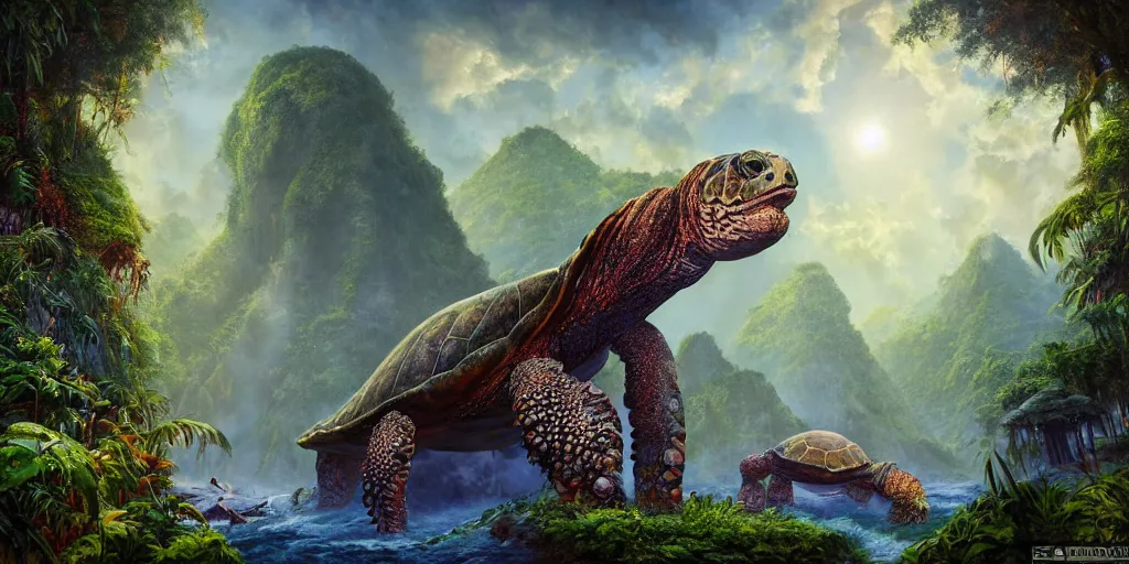 Image similar to fantasy oil painting, great leviathan, turtle cephalopod terrapin reptilian pachyderm amphibian hybrid, epic natural light, lush plants flowers, rainforest mountains, bright clouds, luminous sky, outer worlds, cinematic lighting, michael whelan, michael cheval, vray, 8 k hd