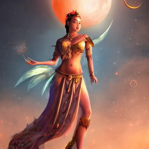 Prompt: a beautiful female goddess of the bloodmoon character, character is in all its glory, character is in her natural relaxed pose, full body shot, rim lights, particles and dust in the air, fancy clouds, highly detailed professional photo, dynamic lights, particles are flying, depth of field, trending on artstation, professional illustration, hyper realistic, vray caustics, super detailed, colorful accents, cinematic shot