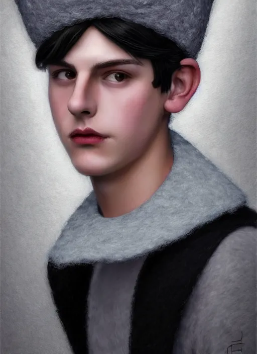 Image similar to portrait of teenage jughead jones wearing a light grey crown, photorealistic, crown made of felt fabric, crown, crown made of felt, black hair, intricate, elegant, highly detailed, digital painting, glowing lights, artstation, concept art, smooth, sharp focus, illustration, art by wlop, mars ravelo and greg rutkowski