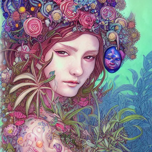 Image similar to goddess of plant medicine art by james jean and art by loish highly detailed painting trending on arstation vivid colors earth spirit