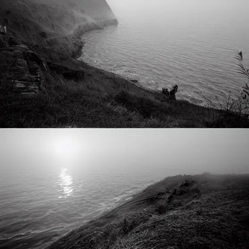 Image similar to i stood atop a cliff shore and looked out the front door of a sorely forgotten begotten house that tilted right toward the roaring shore below and the mist rises to meet the morning sun