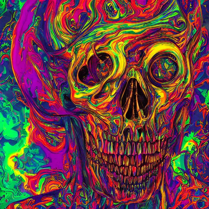 Image similar to portrait of an acid lsd psychedelic melting skull. razor sharp teeth. infected with rainbow fungi. intricate abstract. intricate artwork. interdimensional, by Tooth Wu, wlop, beeple, dan mumford. octane render, trending on artstation, greg rutkowski very coherent symmetrical artwork. cinematic, hyper realism, high detail, octane render, 8k, iridescent accents