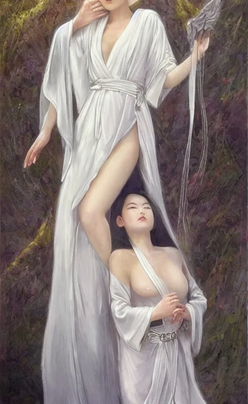 Image similar to angelic beauty with silver hair so pale and wan! and thin!?, flowing robes, covered in robes, lone pale wan asian goddess, wearing robes of silver, flowing, pale skin, young cute face, covered!!, clothed!! style of lucien levy - dhurmer and jean deville, oil on canvas, 4 k resolution, aesthetic!, mystery