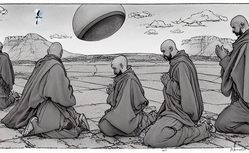 Image similar to a hyperrealist watercolour concept art of a group of medieval monks in grey robes kneeling in prayer. a large primitive ufo is in the sky. on a desert road. by rebecca guay, michael kaluta, charles vess and jean moebius giraud. high detail, hq, wide shot