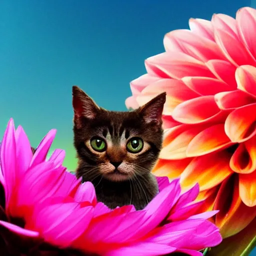 Image similar to very cute and tiny cat with one horn portrait, sitting on a Dahlia flower and flying on a pink cloud, sky background, pixar style, cinematic lightning