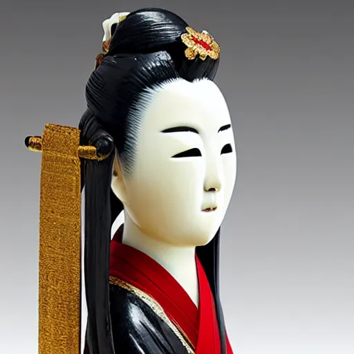 Prompt: Ivory statue of a beautiful japanese female samurai geisha, exhibition stand, award-winning photo