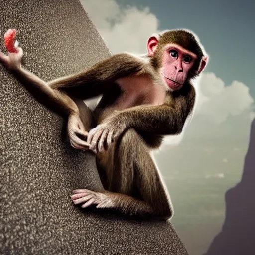 Prompt: a hyper-realistic photo of a monkey upside down eating a can of worms while scaling a building and holding a screaming woman, photo realistic,