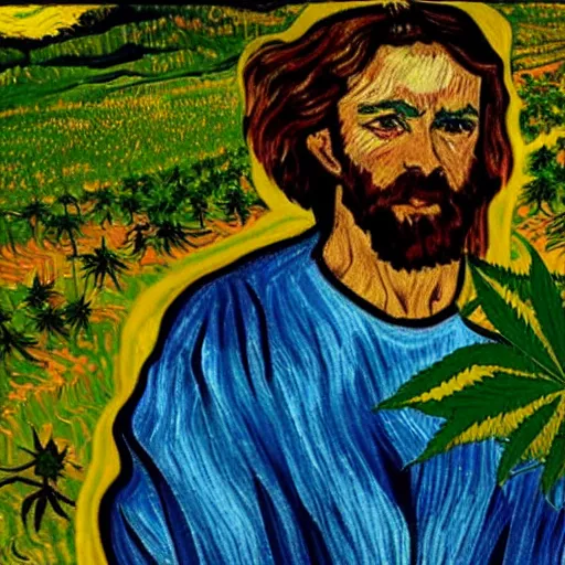 Prompt: jesus with jimm kerry spreads his hands against the background of growing cannabis. an oil painting in the style of van gogh