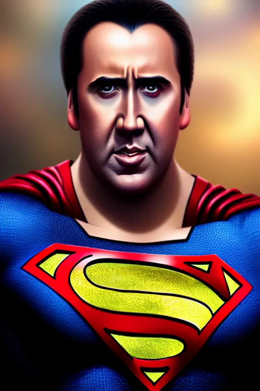 Image similar to portrait of nicolas cage as superman looking away from the camera, intricate, extremely detailed digital painting by greg rutkowski, artstation