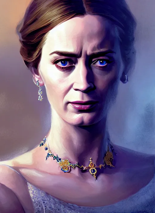 Image similar to portrait of emily blunt as queen, jewelry, greek, sapphire, victorian age, 1 8 9 0, intricate, headshot, key visual, conceptart, ambient lighting, highly detailed, digital painting, artstation, concept art, sharp focus, by makoto shinkai and akihiko yoshida and greg manchess