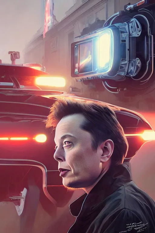 Image similar to elon musk as marty mcfly near cybertruck, realistic portrait, symmetrical, highly detailed, digital painting, artstation, concept art, smooth, sharp focus, illustration, cinematic lighting, art by artgerm and greg rutkowski and alphonse mucha