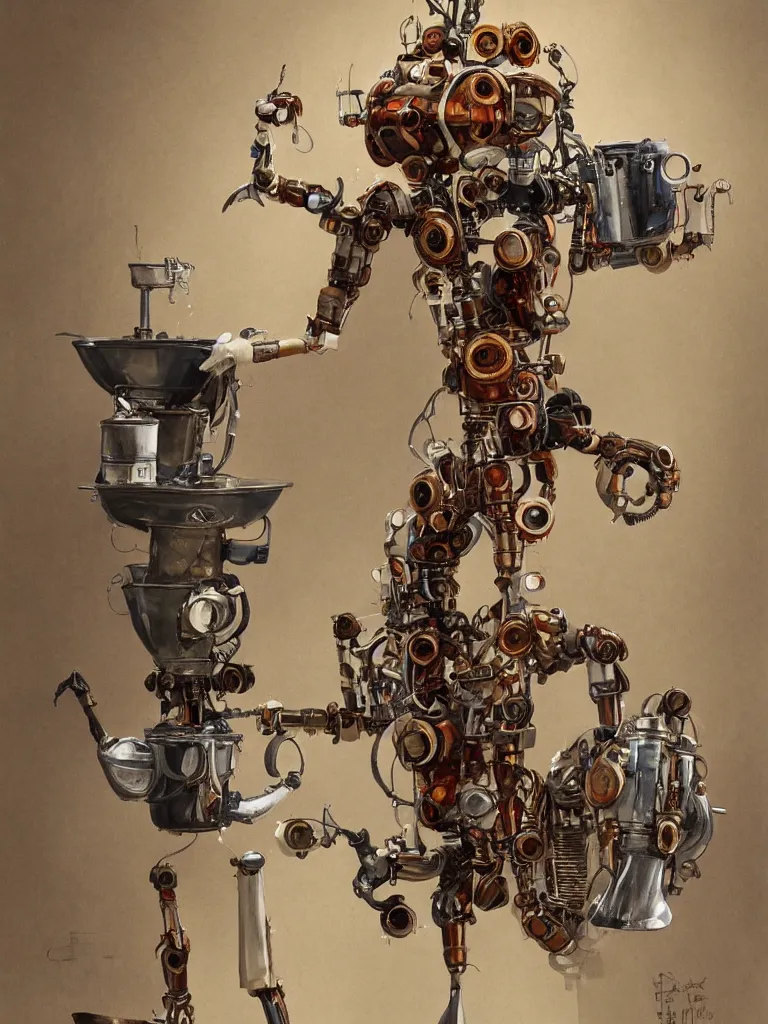 Image similar to full-length portrait of a singular old mechanical humanoid robot offering a cup of steaming coffee, by Simon Stalenhaag, by Yoshita Amano, by Esao Andrews, sharp focus, fresh colors, deviantart, conceptart