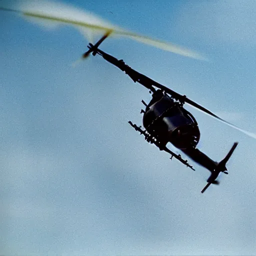 Image similar to Film still of 'Thunder Justice' (1990). Helicopter motorcycle chase scene. Sigma 85mm f/1.4