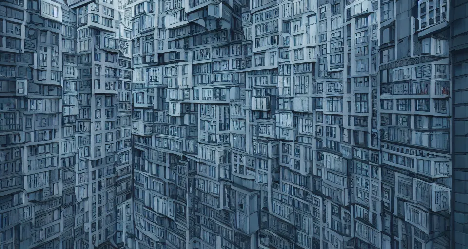 Image similar to buildings stacked like tetris blocks, very detailed, low angle photography, soft lighting, artstation,